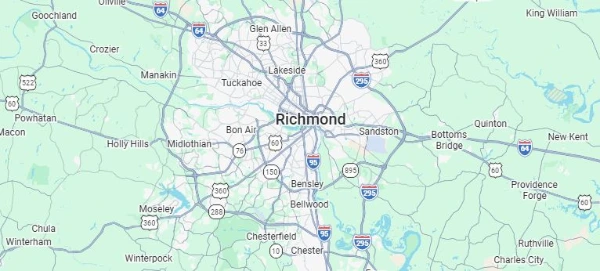 Map of Richmond, VA and Central Virginia service area covered by our porta potty rental company